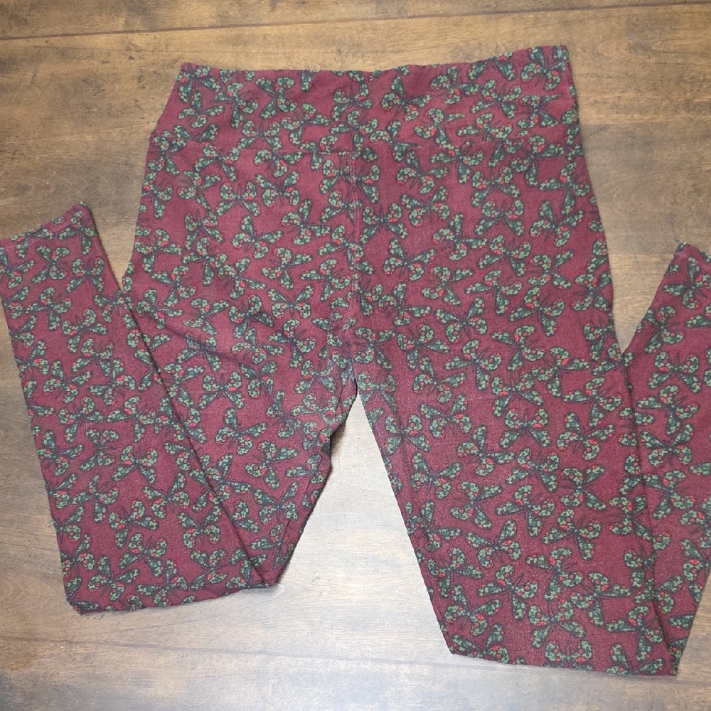 LuLaRoe Burgundy and Green Patterned Leggings